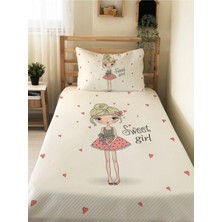 Evmila Kız Desenli Tek Kişilik Pike Takımı 160X230 Beyaz