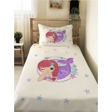 Evmila Deniz Kızı Desenli Bebek ve Çocuk Baskılı Tek Kişilik Pike Takımı 160X230 Beyaz