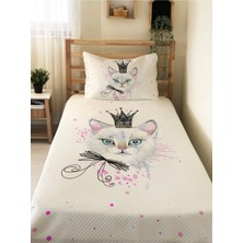 Evmila Kedi Desenli Tek Kişilik Pike Takımı 160X230 Beyaz