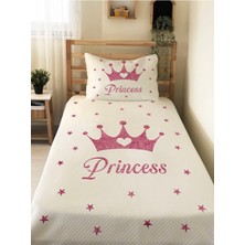 Evmila Prenses Tacı Desenli Bebek ve Çocuk Baskılı Tek Kişilik Pike Takımı 160X230 Beyaz