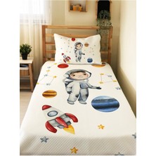 Evmila Astronot Desenli Bebek ve Çocuk Baskılı Tek Kişilik Pike TAKIMI 160X230 Beyaz
