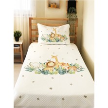 Evmila Orman Hayvanları Desenli Bebek ve Çocuk Baskılı Tek Kişilik Pike TAKIMI 160X230 Beyaz