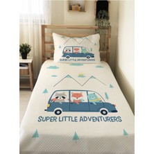 Evmila Araba ve Hayvan Desenli Bebek ve Çocuk Baskılı Tek Kişilik Pike Takımı 160X230 Beyaz