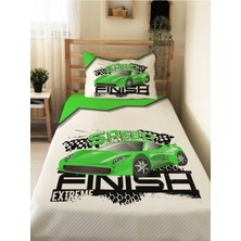 Evmila Yeşil Araba Desenli Bebek ve Çocuk Baskılı Tek Kişilik Pike Takımı 160X230 Beyaz