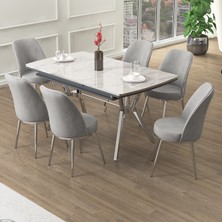 Canisa Poy Serisi 89X150 Açılabilir Lak Panel Beyaz Mermer Desen Masa Takımı 6 Sandalye