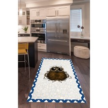Napoli Home Dijital Baskılı Kaymaz Taban Yıkanabilir Baykuş Desen Mutfak Halısı, N-Mutfak-46-Mavi,