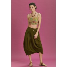 Los Banditos Rahat Kesim Geniş Pileli Haki Anvelop Midi Etek