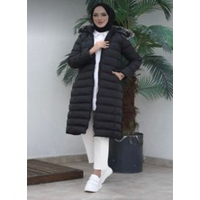 Moda Armanc Siyah Kadın Kapüşonlu Kürklü Tesettür Şişme Mont