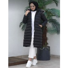 Moda Armanc Siyah Kadın Kapüşonlu Kürklü Tesettür Şişme Mont