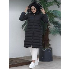 Moda Armanc Siyah Kadın Kapüşonlu Kürklü Tesettür Şişme Mont