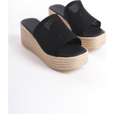 Mevese MARLA Dolgu Topuklu Ortopedik Taban Hasır Görünümlü Triko Kadın Terlik KT Siyah