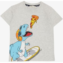 Breeze Erkek Çocuk Tişört Pizza Yiyen Mutlu Dinozor Baskılı 2-6 Yaş, Açık Gri Melanj