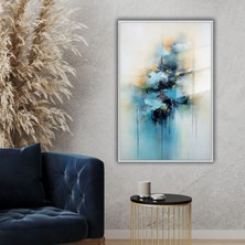 Metal Çerçeveli Temperli Cam Tablo Mavi Krem Soyut Tasarım