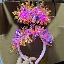 Samur Pembe Renk Pembe Işıltılı Püsküllü LED Işıklı Parlak Hologramlı Taç 25X12 cm