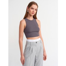 Dilvin 20820 Dikiş Efektli Crop Top-Füme