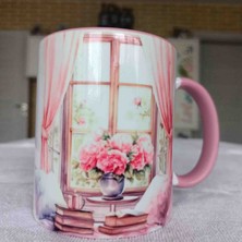 Mugs And Love Pembe Pencere Vintage Baskı Büyük Boy Kupa