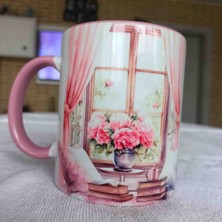 Mugs And Love Pembe Pencere Vintage Baskı Büyük Boy Kupa