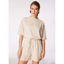 People By Fabrika Lastikli Bel Normal Bej Kadın Şort SPBF4SL-SHT5596