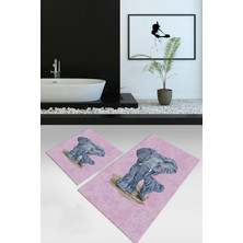 Napoli Home Dijital Baskılı Kaymaz Yıkanabilir Fil Desen 2'li Banyo Takımı Klozet Takımı, N-Klozet-33-Pembe,