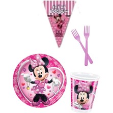 Parti Furyası Minnie Mouse Pembe 8 Kişilik Kız Doğum Günü 4 Parçalı Mini Set Kız Çocuk Parti Seti Süsleme