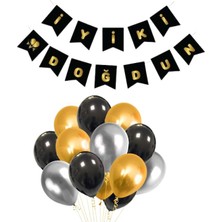 Parti Furyası Siyah Karton Üzeri Gold Altın Sarısı Yaldızlı Iyiki Doğdun Yazılı Doğum Günü Partisi Yazı Banner Süs Ve 20 Adet (Gold,Gümüş Ve Siyah)Balon Süsleme Set