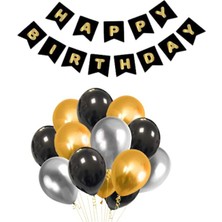 Parti Furyası Siyah Karton Üzeri Gold Altın Sarısı Yaldızlı Happy Birthday Yazılı Doğum Günü Partisi Yazı Banner Süs Ve 20 Adet (Gold,Gümüş Ve Siyah) balon Süsleme