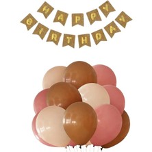 Parti Furyası Kraft Karton Üzeri Gold Altın yaldızlı Happy Birthday Yazılı Doğum Günü Partisi Yazı Banner Süs Ve 20 Adet (Ten ,Pembe Ve Kahverengi) Balon Süsleme Se