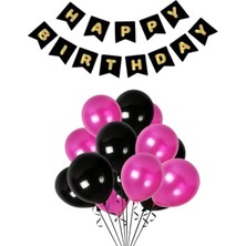 Parti Furyası Siyah Karton Üzeri Gold Altın Yaldızlı Happy Birthday Yazılı Doğum Günü Partisi Yazı Banner Süs Ve 20 Adet (Siyah Ve Fuşya,) Balon Süsleme Seti