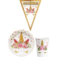 Parti Furyası Unicorn Çiçekli  8 Kişilik Kız Doğum Günü Mini Set Kız Çocuk Parti Seti Süsleme