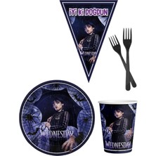 Parti Furyası Wednesday 8 Kişilik Kız Doğum Günü 4 Parçalı Mini Set Kız Çocuk Parti Seti Süsleme