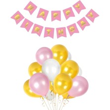 Parti Furyası Pembe Karton Üzeri Gold Altın Yaldızlı Happy Birthday Yazılı Doğum Günü Partisi Yazı Banner Süs Ve 20 Adet (Beyaz,Gold Ve Pembe,) Balon Süsleme Seti