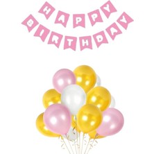 Parti Furyası Pembe Karton Üzeri Gümüş Gri Yaldızlı Happy Birthday Yazılı Doğum Günü Partisi Yazı Banner Süs Ve 20 Adet (Beyaz,Gold Ve Pembe,) Balon Süsleme Seti