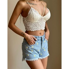 The Bark Çiçek Nakışlı Kadın Jean Şort 20190-431 Mavi