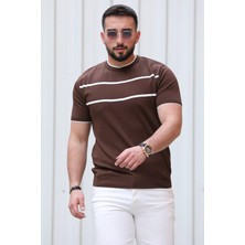 Julude Kahve Çizgi Detaylı Bisiklet Yaka Erkek T-Shirt P-00009082