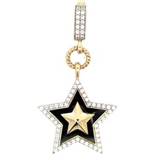 Altınöz Mücevherat Zirkon Taş Siyah Mine Çerçeveli Ortası Kabartma Yıldız Figürü Yeşil Altın Brolog Kolye Ucu