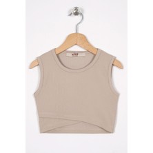 Zepkids Bisiklet Yaka Sıfır Kol Capraz Bel Detaylı Bej Renk Kız Cocuk Tshırt