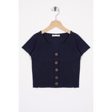 Bisiklet Yaka Kısa Kol Fitilli Lacivert Renk Kız Çocuk Tshirt