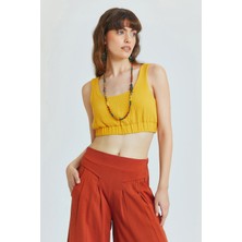 Clandestino Havuz Yaka Crop Bluz Hardal