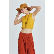 Clandestino Beli Lastikli Basic Crop Bluz Hardal