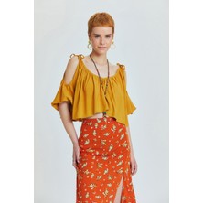 Clandestino Omuzları Bağcıklı Düz Crop Top Sarı