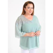 Lilas Xxl Büyük Beden Su Yeşili Renkli Şifon V Yaka Abiye Bluz