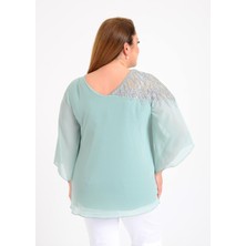 Lilas Xxl Büyük Beden Su Yeşili Renkli Şifon V Yaka Abiye Bluz