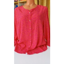 Akşen Giyim Büyük Beden Jessica Pamuk Polyester Kumaş Katlanabilir Kollu Yakasız  Desenli Anne  Gömlek