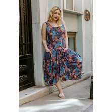 Los Banditos Mavi Desenli Kayık Yaka Asimetrik Kesim Elbise