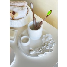 Candu Things Orchid Beyaz 6'lı Set Orkide Figürlü Mumluklu Kaseli Tepsili Beton Büyük Banyo Takımı