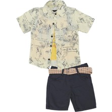 Bebelop Erkek Çocuk Gazete Yazı Baskılı Gömlek T-Shirt Kot Şort 3'lü Takım