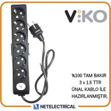 Viko Multi-Let Siyah 6'lı Anahtarlı 25 Metre Topraklı Çocuk Korumalı Kablolu Grup Priz