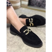 Nstil Günlük Kadın Loafer Klasik Alçak Topuklu Desenli Taban Zincirli Oval Burunlu Makosen Ayakkabı 100