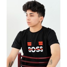 Boydimood Erkek Boss Baskılı Oversize Siyah Tişört