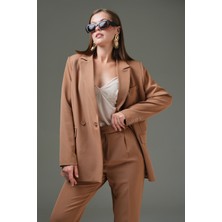 Saade Camel Blazer Ceket-Pantolon Dokuma Alt-Üst Takım